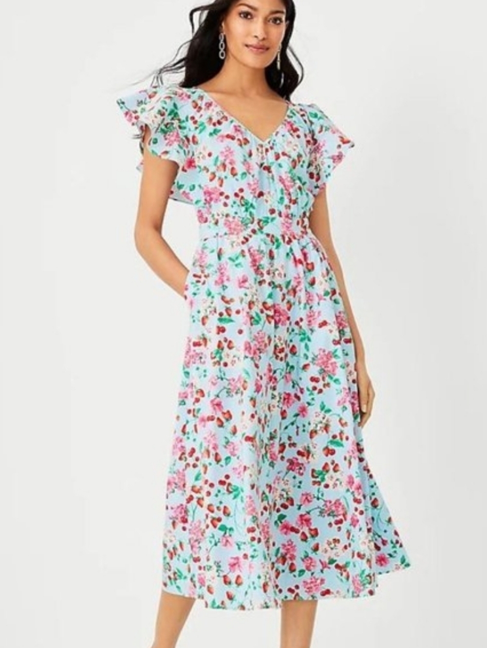 Ann Taylor Floral Flutter Sleeve Flare Dress Size 00P